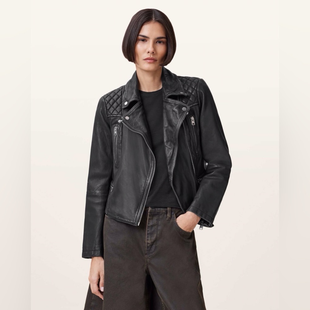 AllSaints Cargo Distressed Leather Bike Jacket in Black Size 0.